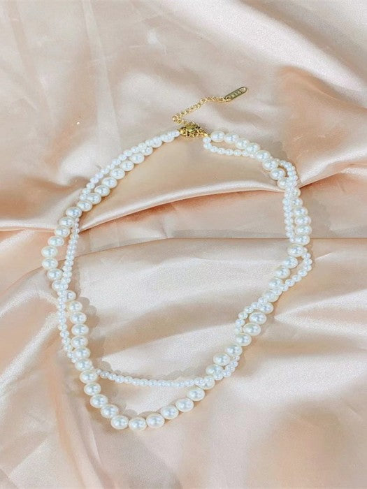 Round White Simulated double layer Pearl Necklace