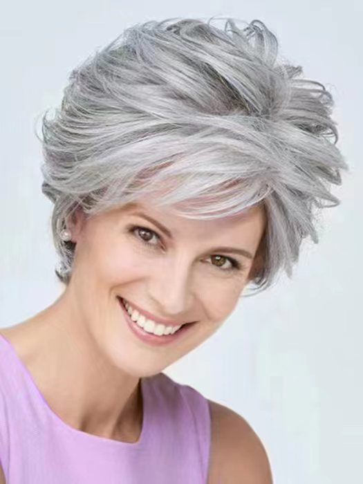 Gray Pepper Short Layered Wavy Synthetic Wig By imwigs®