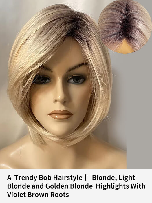 Short 10 Inch Straight Bob Blonde Synthetic Wig With Roots By imwigs®