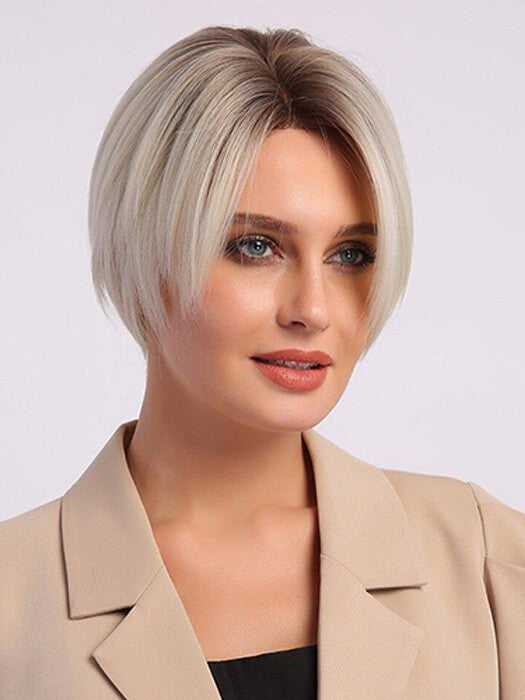 Perruques blondes courtes et droites confortables avec raie en dentelle, perruques synthétiques avec racines par imwigs®