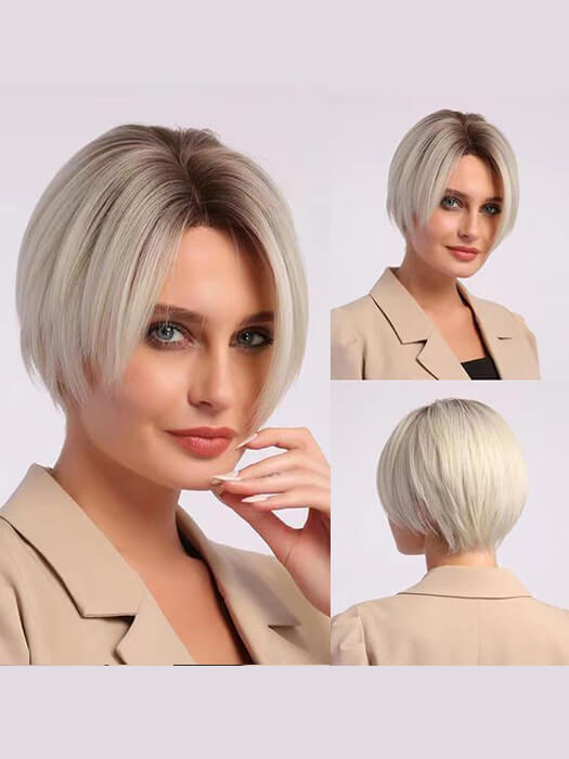 Comfortable Short Straight Blonde Wigs Lace Part Synthetic Wigs With Roots By imwigs®