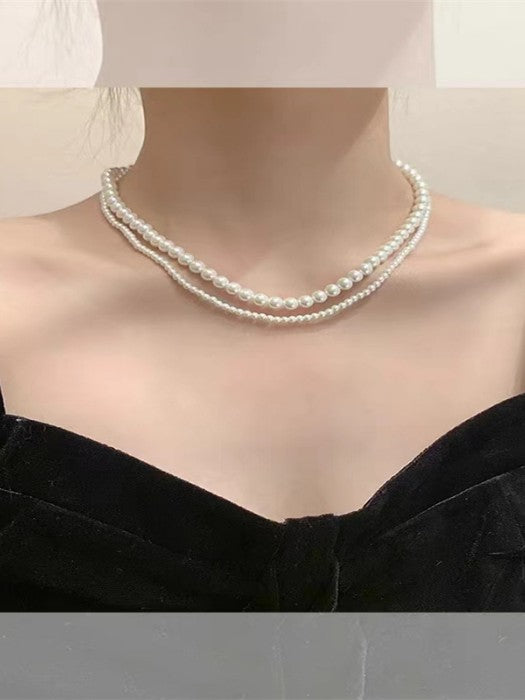 Round White Simulated double layer Pearl Necklace