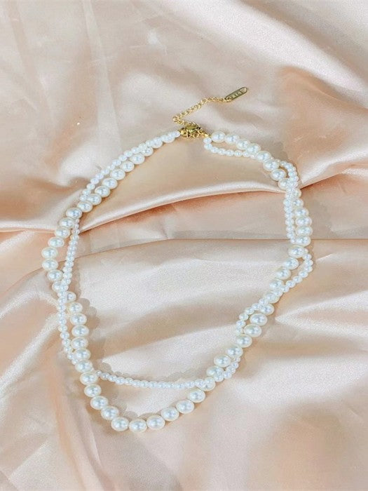 Round White Simulated double layer Pearl Necklace By imwigs®