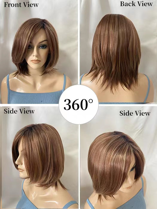Medium Straight Side Part Layered Brown Synthetic Wig With Highlight By imwigs®