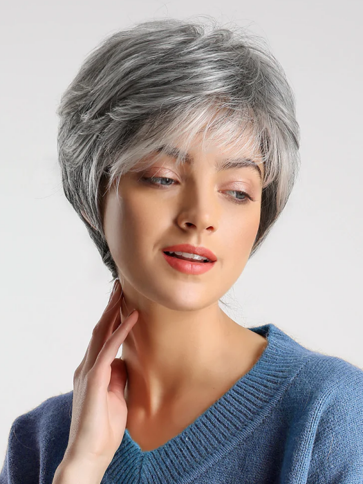 Short Spiky Gray Mixed Human Hair With Synthetic Wigs By imwigs®