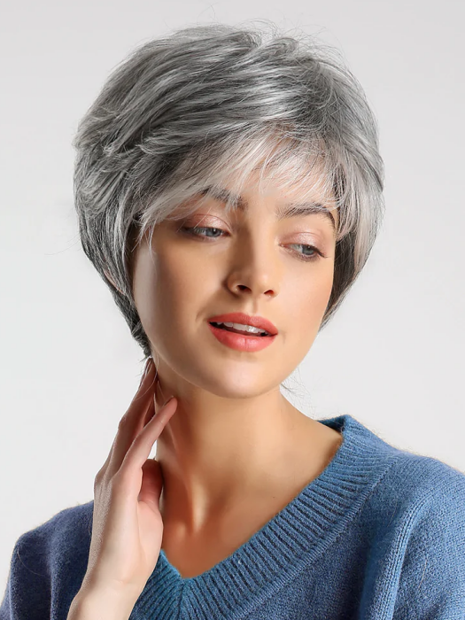 Cheveux humains mélangés gris hérissés courts avec perruques synthétiques par imwigs®