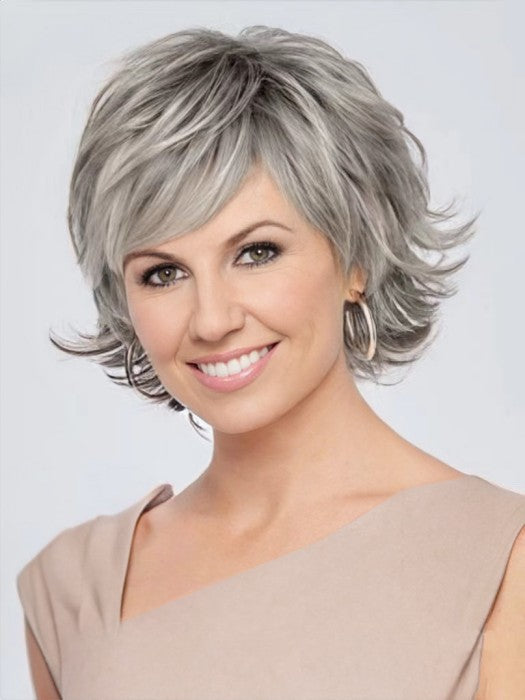 Short Gray Layered Synthetic Wigs With Roots By imwigs®